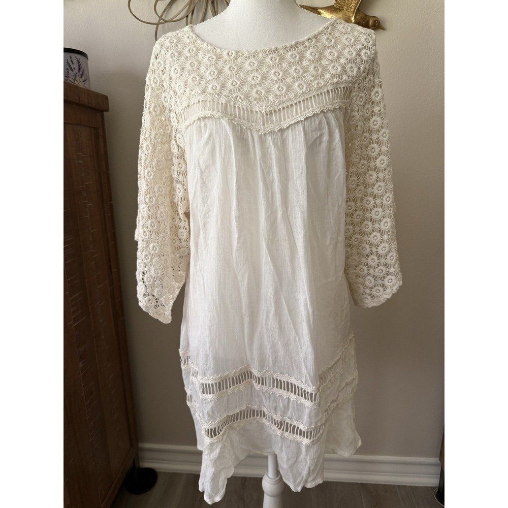 Eyelet & Ivy Ivory Boho Crochet Lace Shift Dress Womens S Bell Sleeve Cottage
